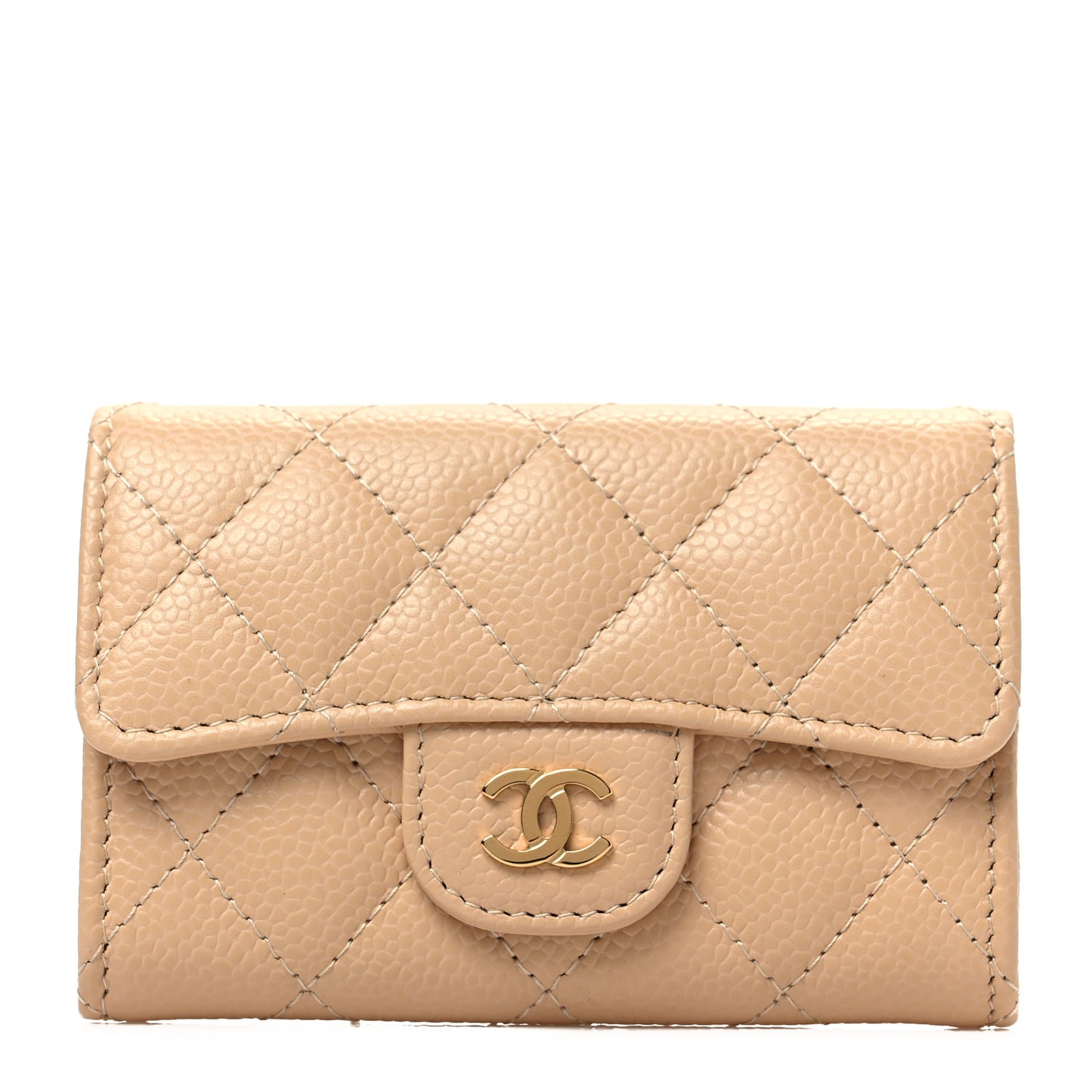 Caviar Quilted Flap Card Holder Wallet Beige