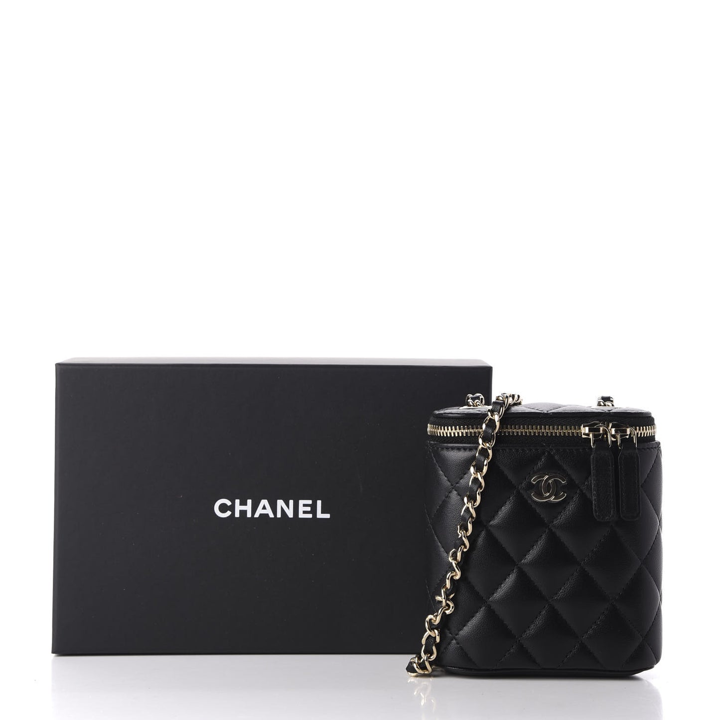Lambskin Quilted Small Vertical Coco Beauty Vanity Case With Chain Black