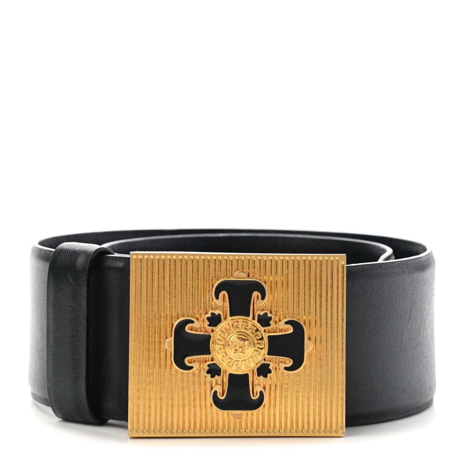 Versace Calfskin Metal Icon Wide Belt 70 28 Black Gold 1 of 10