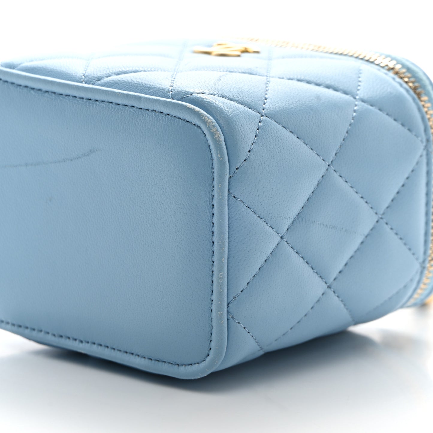 Lambskin Quilted Pearl Crush Mini Vanity Case With Chain Light Blue
