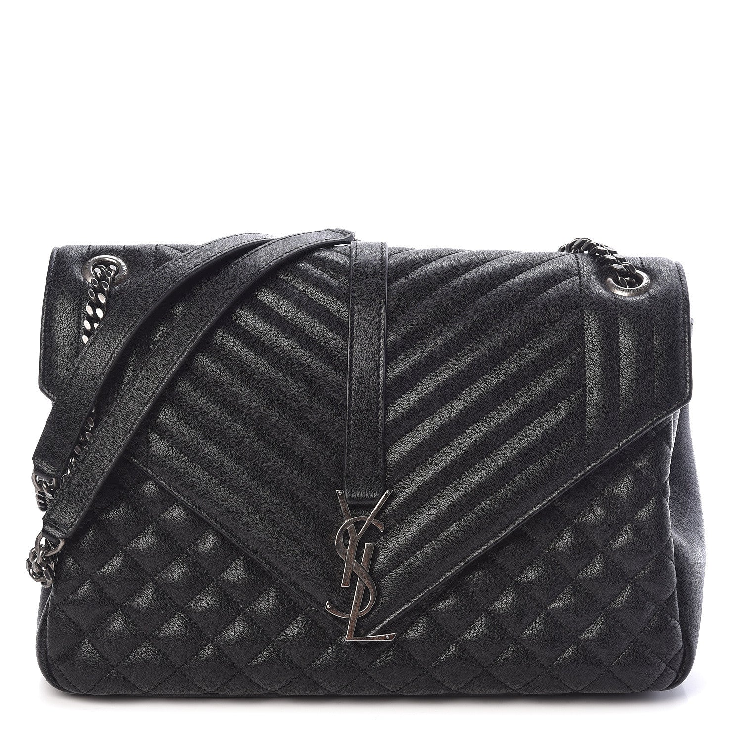 Saint Laurent Calfskin Mixed Matelasse Triquilt Large Monogram Satchel Black 1 of 10