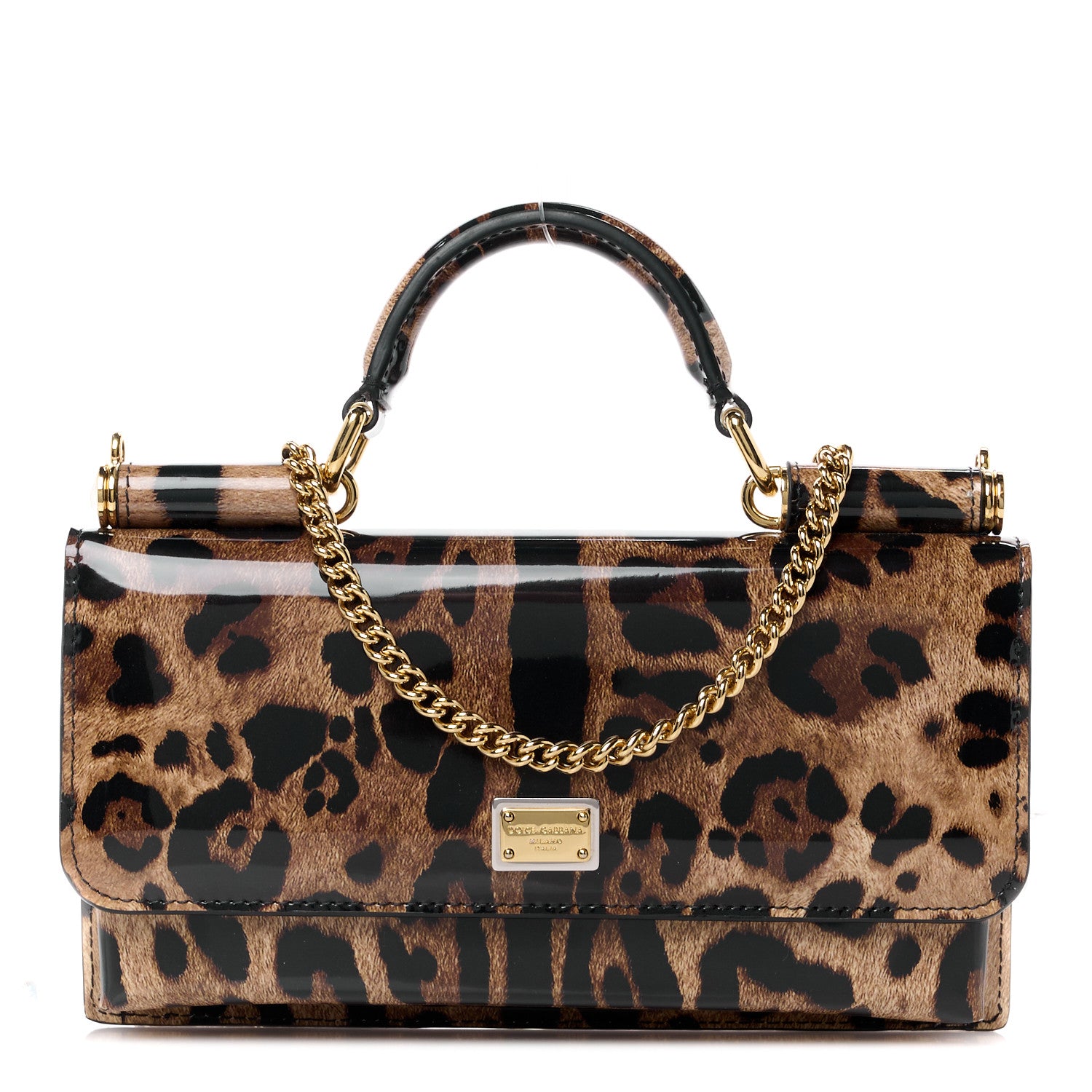Dolce & Gabbana Patent Leopard Print Mini Miss Sicily Chain Wallet Brown Black Red 1 of 10