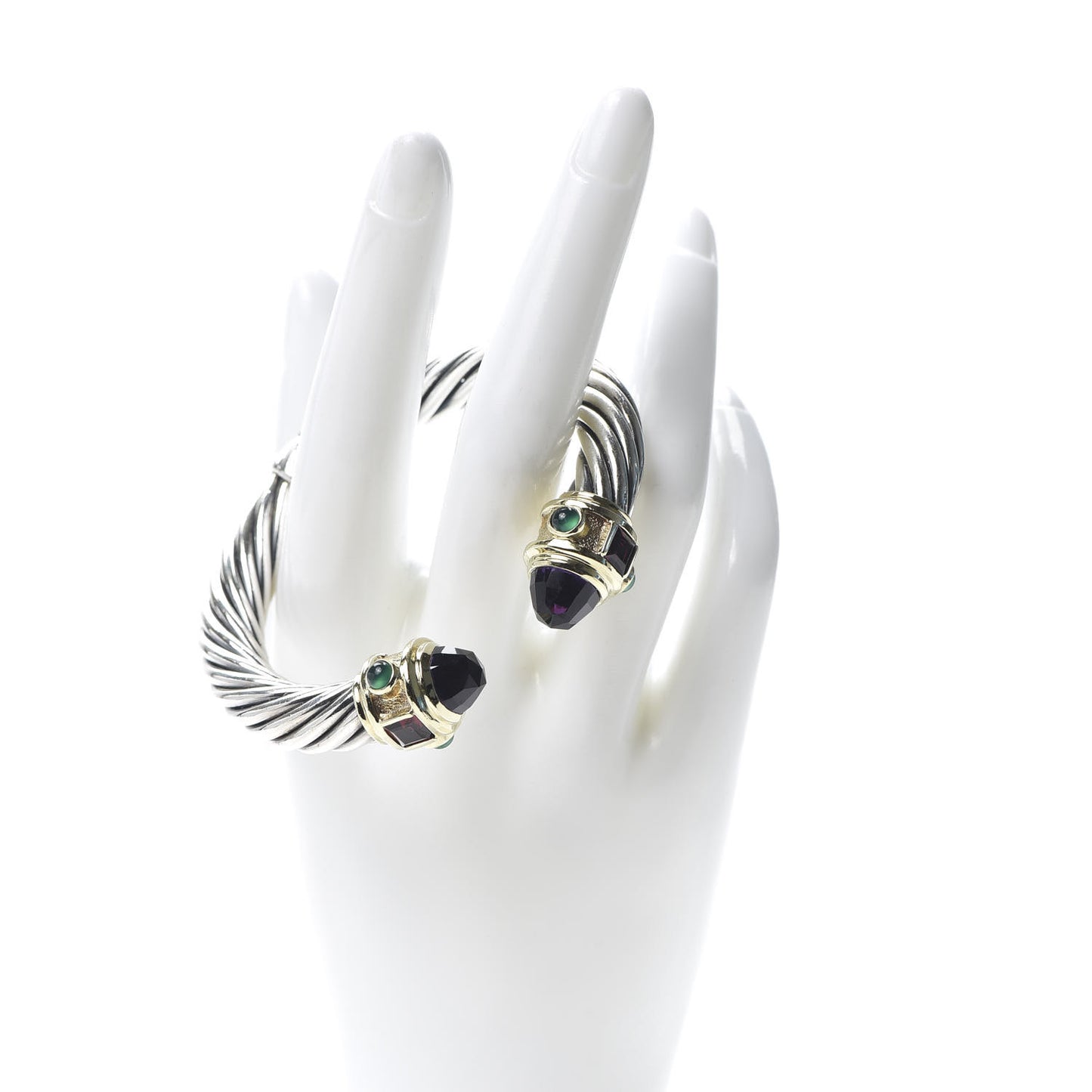 Sterling Silver 14K Yellow Gold Amethyst Garnet Green Onyx Cabochon 10mm Cable Renaissance Bracelet