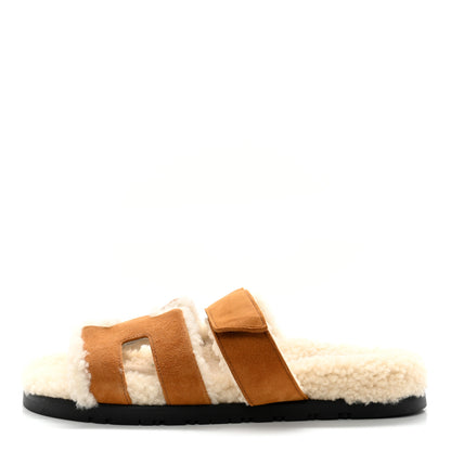 Hermes Suede Goatskin Woolskin Womens Chypre Sandals 38 Naturel Ecru 1 of 11