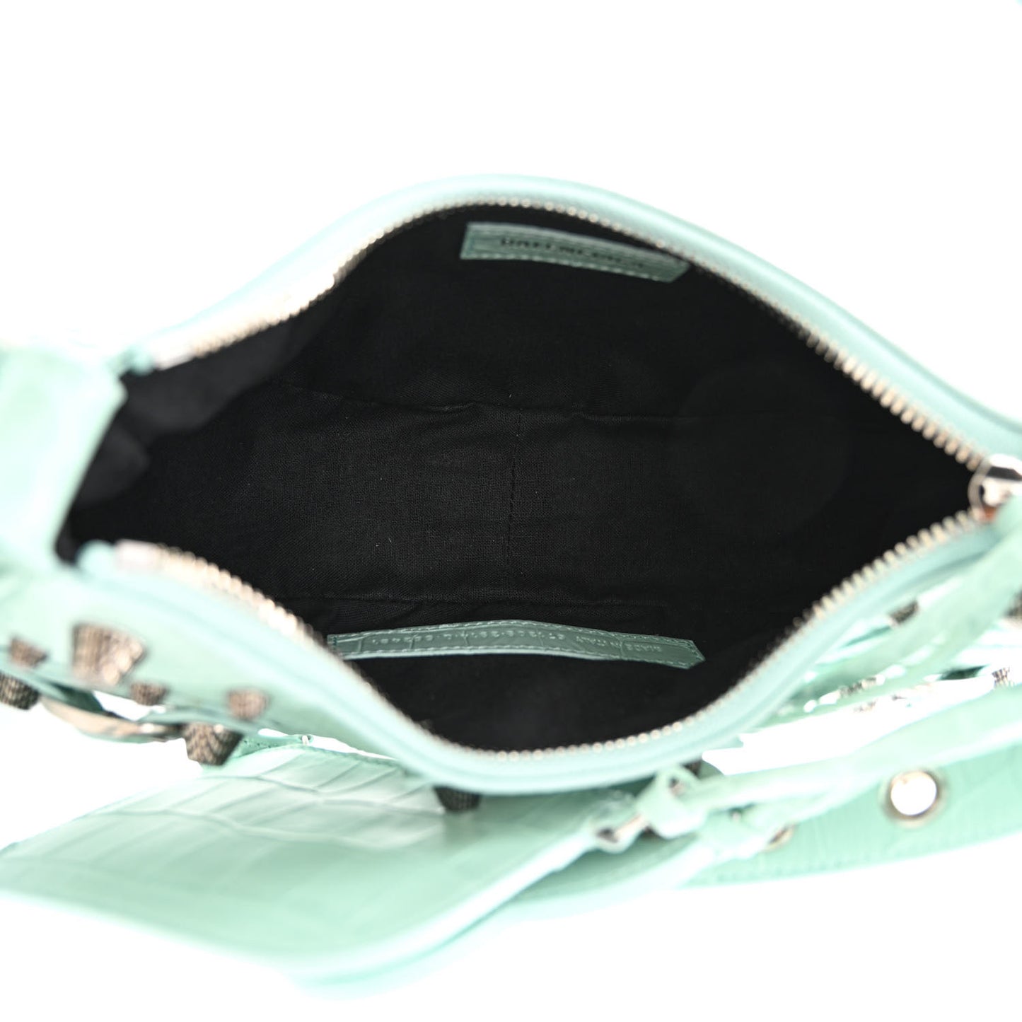 Extra Supple Calfskin Crocodile Embossed Le Cagole Shoulder Bag XS Green Acqua