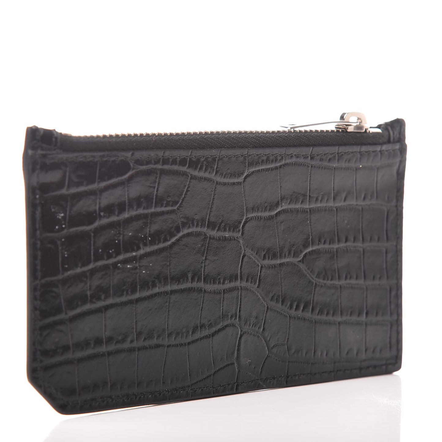 Calfskin Crocodile Embossed 5 Fragments Zip Pouch Card Holder Black