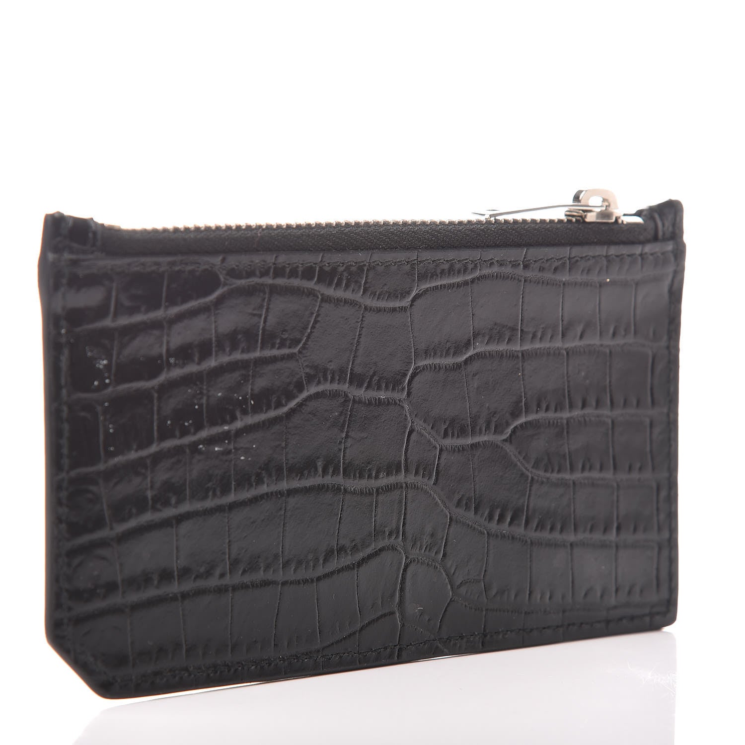 Saint Laurent Calfskin Crocodile Embossed 5 Fragments Zip Pouch Card Holder Black 3 of 7