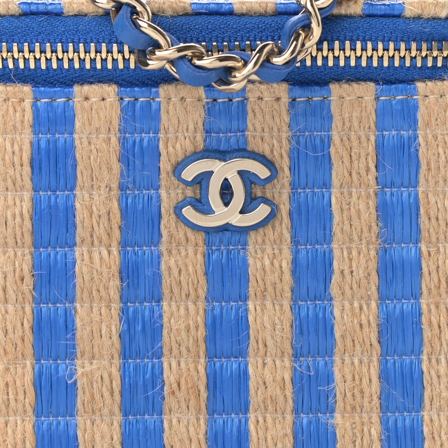 Raffia Jute Striped Mini Vanity Case With Chain Blue Beige