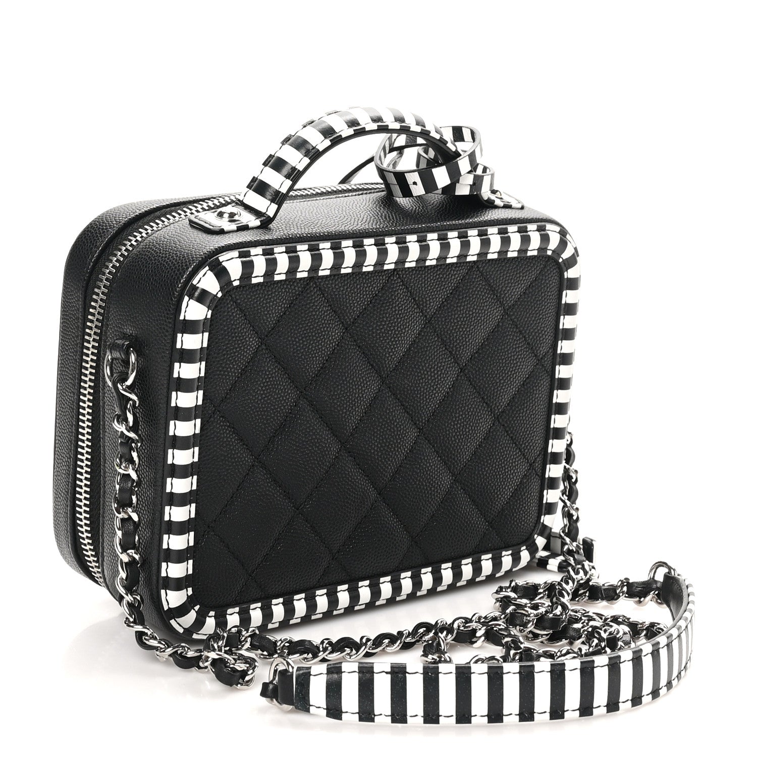 Chanel Caviar Quilted Striped Small CC Filigree Vanity Case Black White 3 of 10