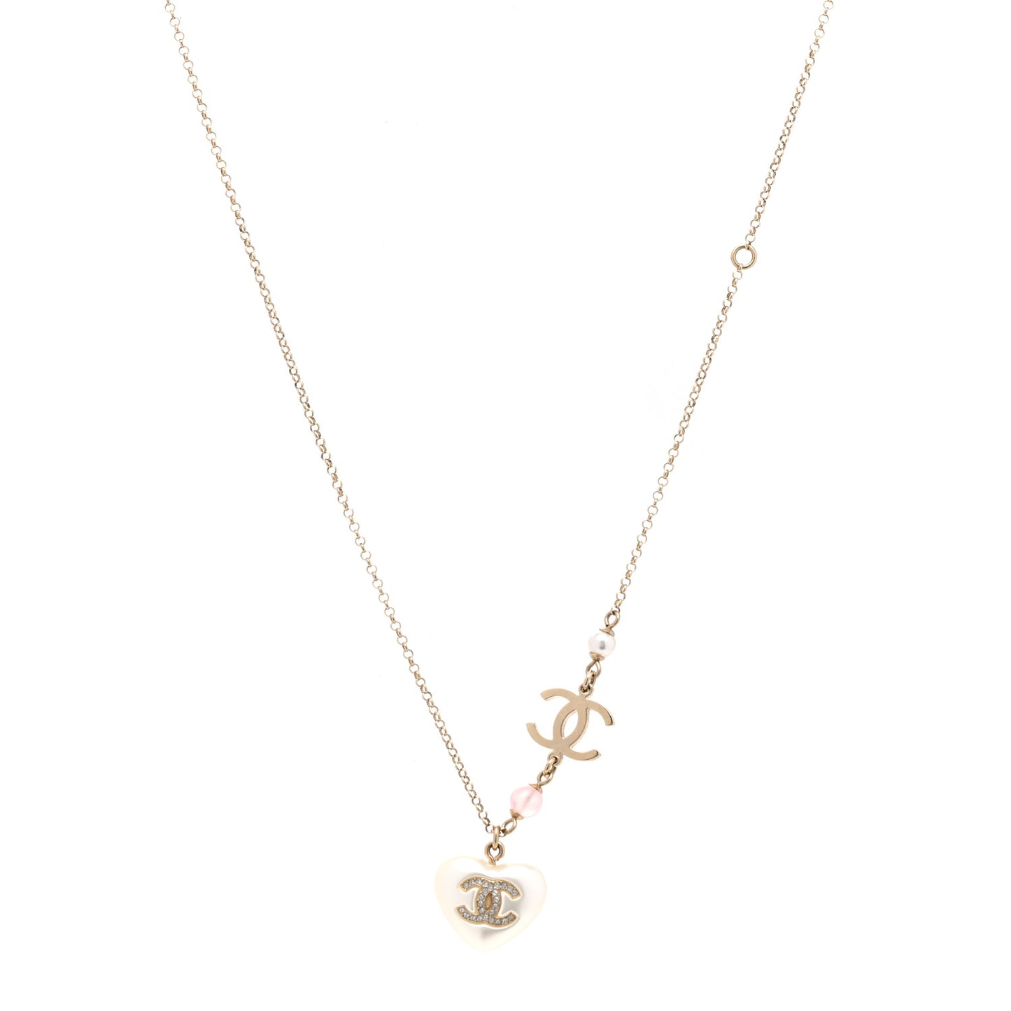 Pearl Crystal CC Heart Necklace Gold Pearly White