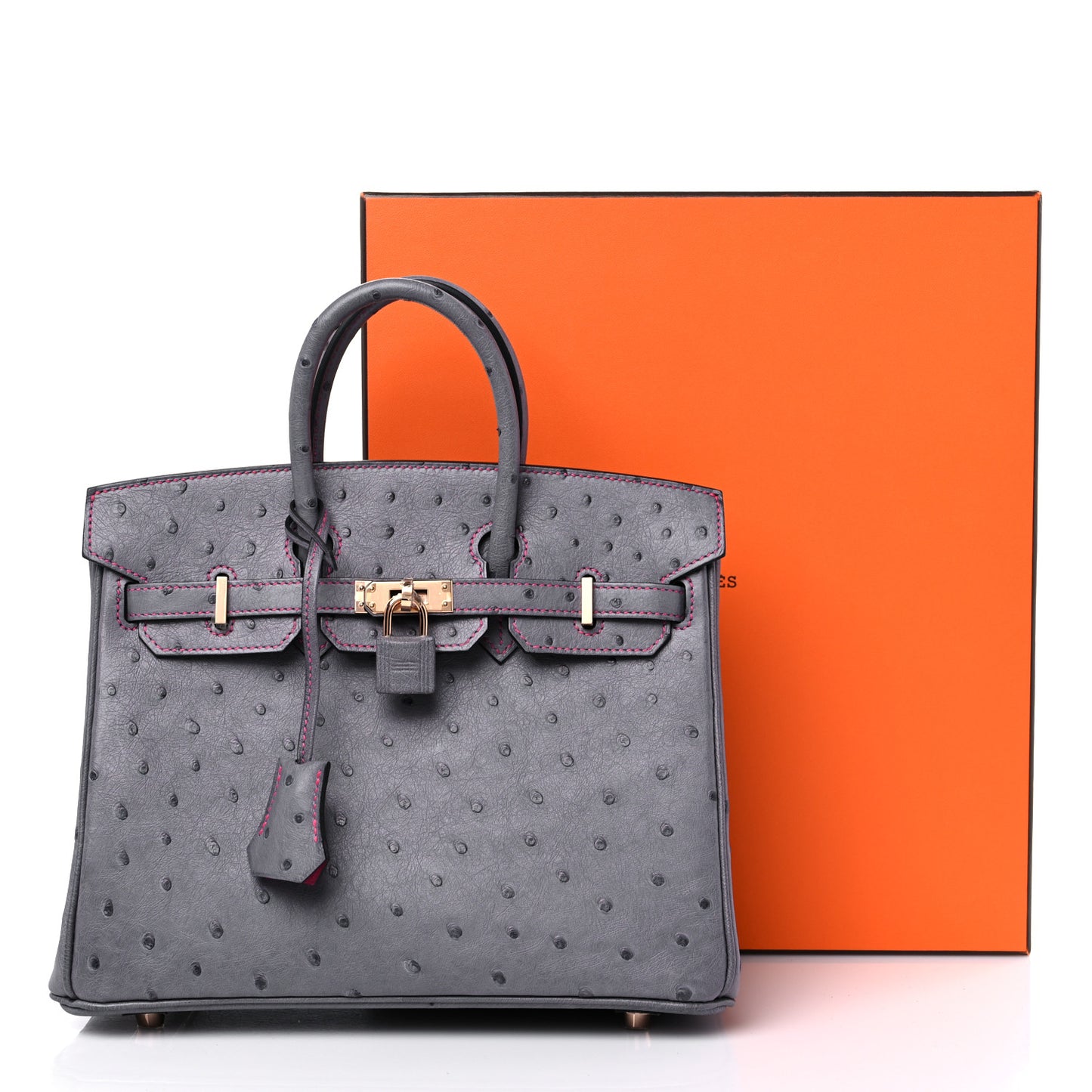 Ostrich Horseshoe Birkin 25 Gris Agate Rose Shocking