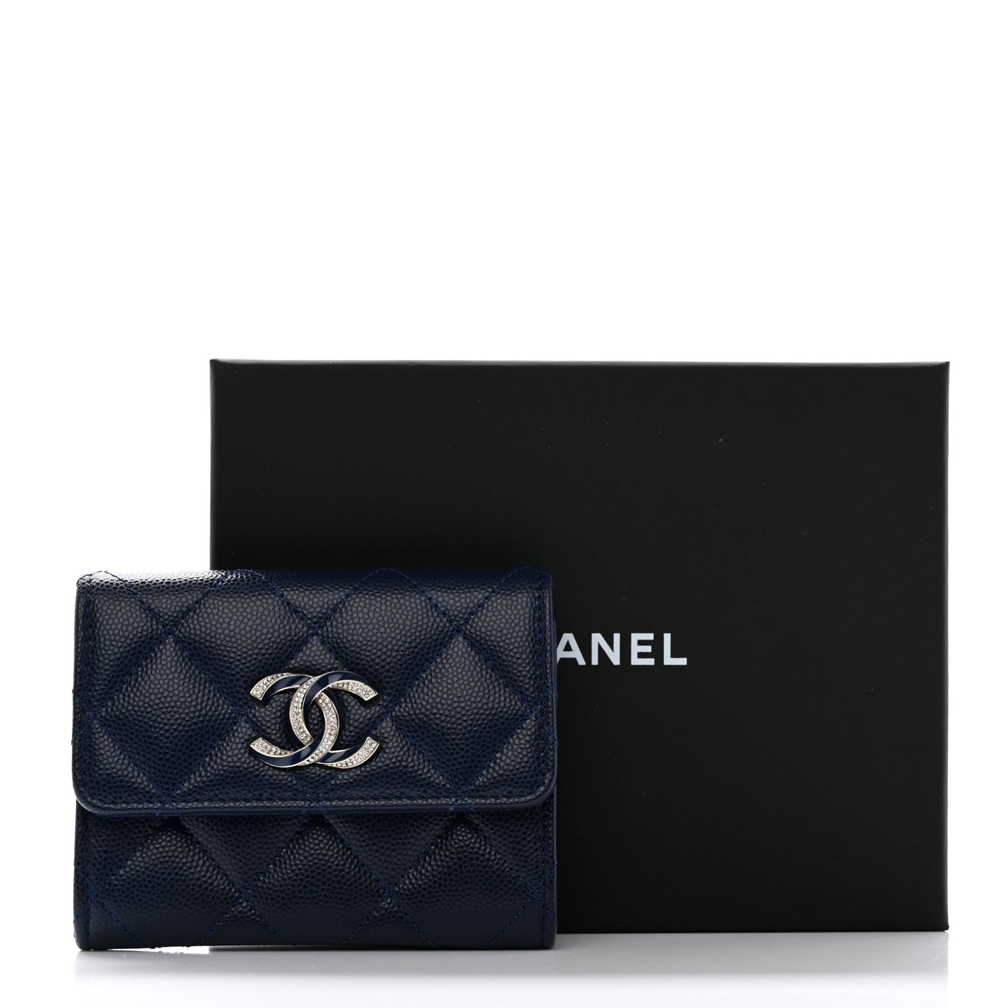 Caviar Quilted Crystal Enamel Flap Card Holder Navy Blue