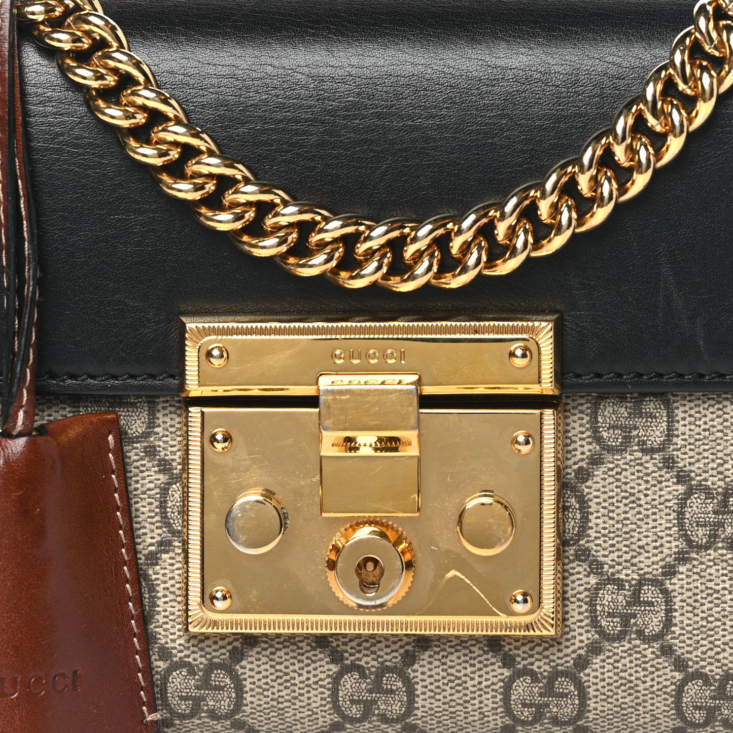 GG Supreme Monogram Calfskin Small Padlock Shoulder Bag Beige Black Cuir