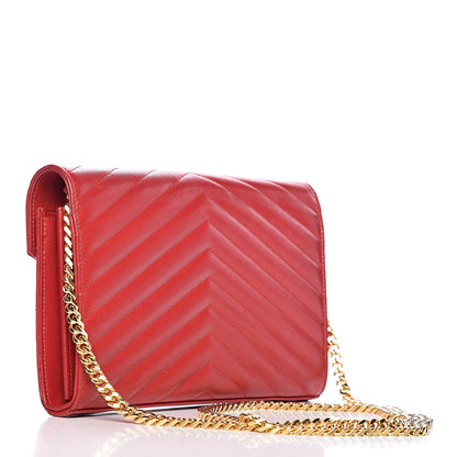 Saint Laurent Grain De Poudre Matelasse Chevron Monogram Chain Wallet New Red 3 of 11