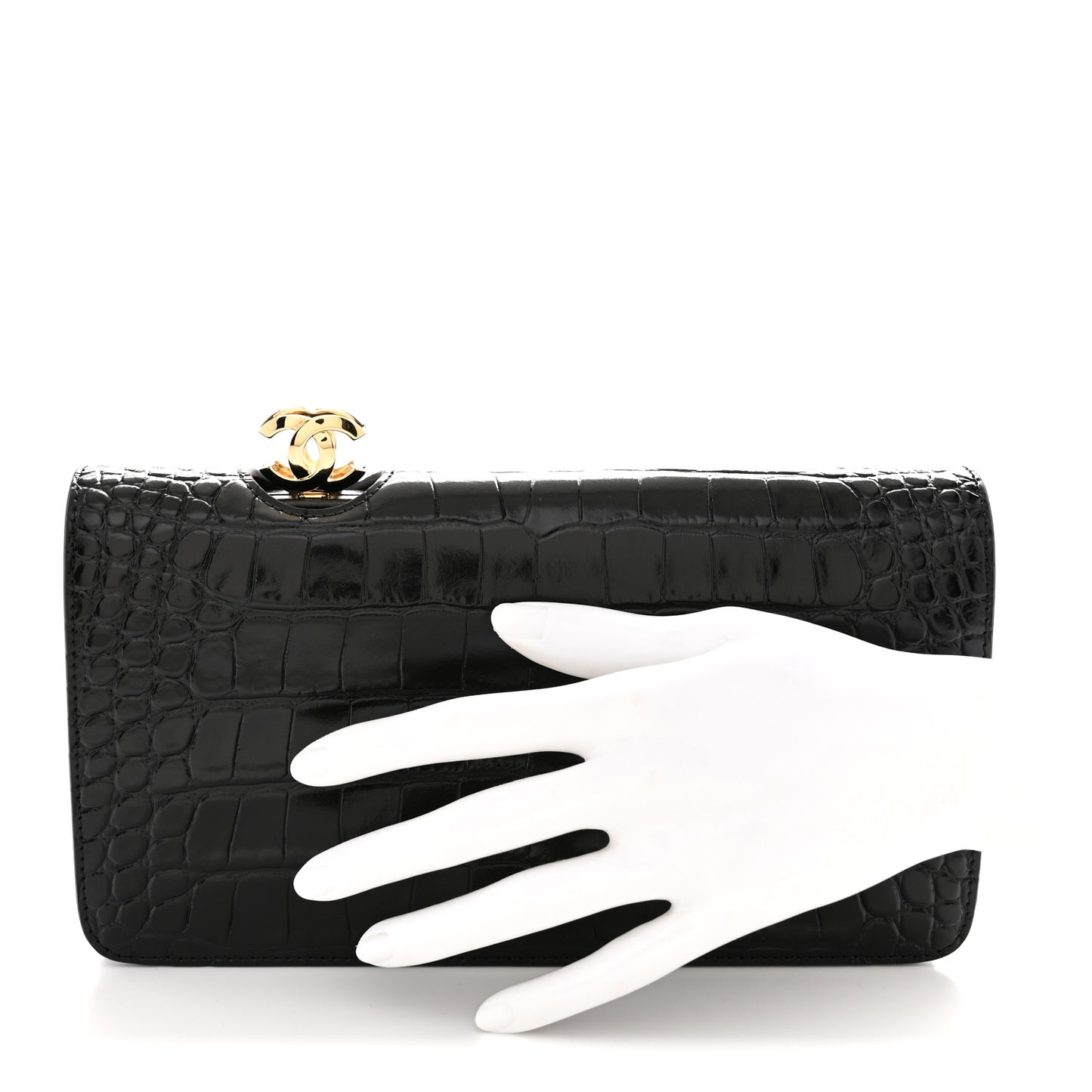 Calfskin Crocodile Embossed CC Clutch Black