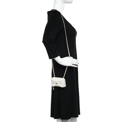 Chanel Tweed Quilted Bow Flap Card Holder On Chain White 2 of 12