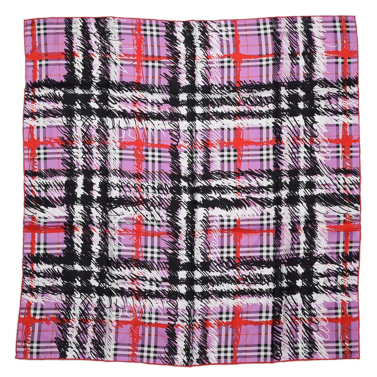 Silk Vintage Check Scribble Print Scarf Fuchsia