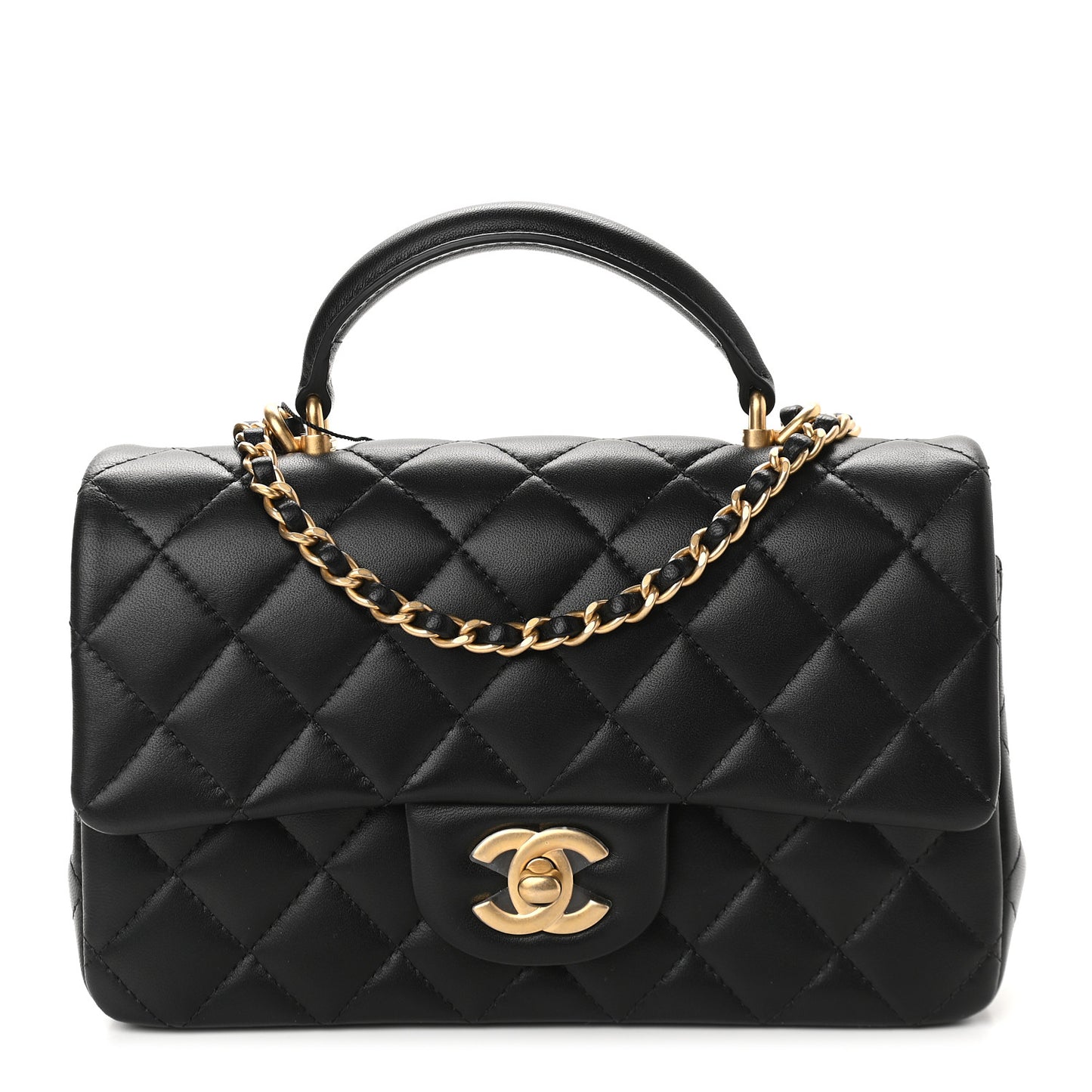 Lambskin Quilted Mini Top Handle Rectangular Flap Black