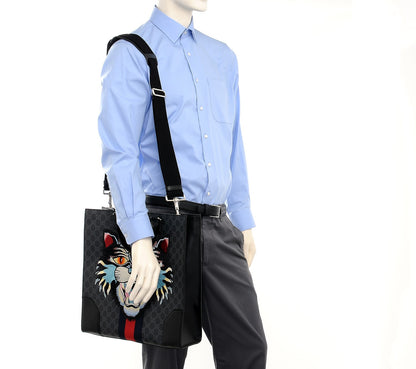 Gucci GG Supreme Monogram Web Angry Cat Embroidered Vertical Tote Black Grey 2 of 8