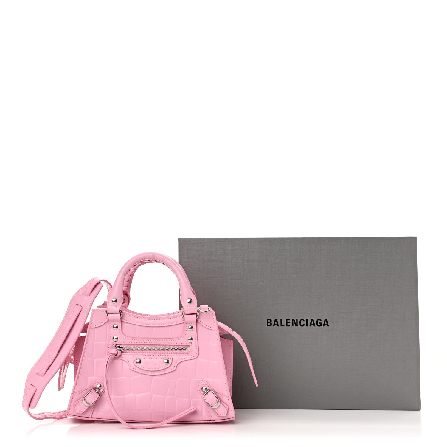 Balenciaga Semi Shiny Calfskin Crocodile Embossed Neo Classic Silver Hardware Mini City Pink 11 of 11