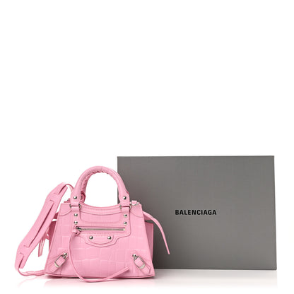 Balenciaga Semi Shiny Calfskin Crocodile Embossed Neo Classic Silver Hardware Mini City Pink 11 of 11