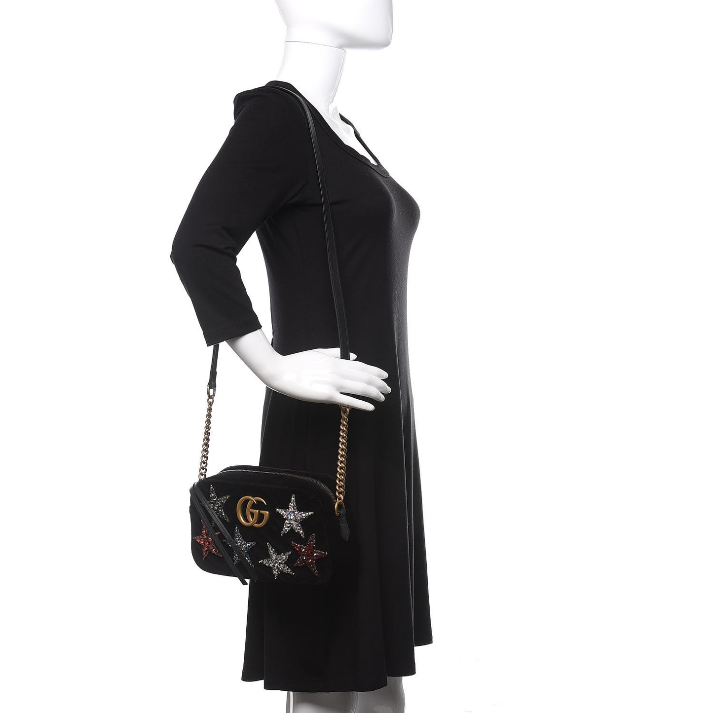 Velvet Matelasse Crystal Star Embroidered Small GG Marmont Chain Shoulder Bag Black