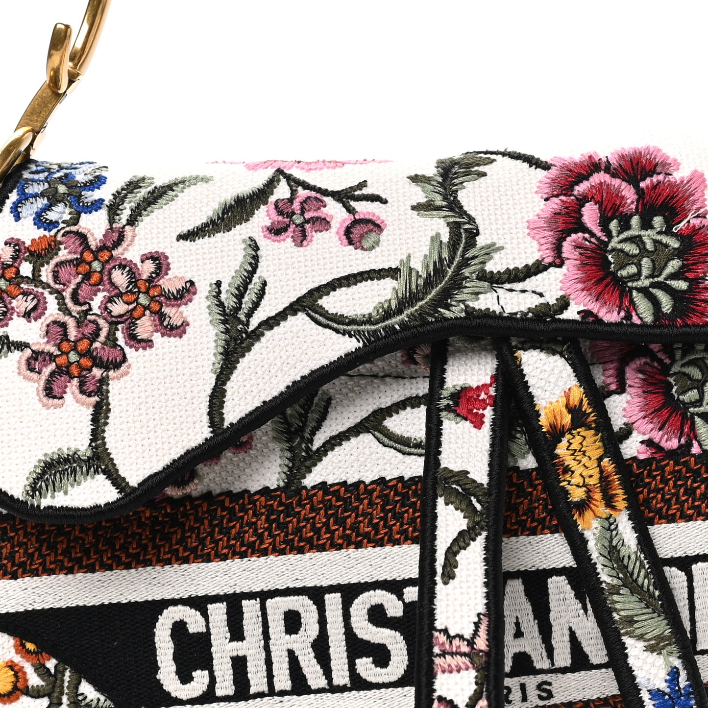 Canvas Embroidered Petites Fleurs Saddle Bag White Multicolor
