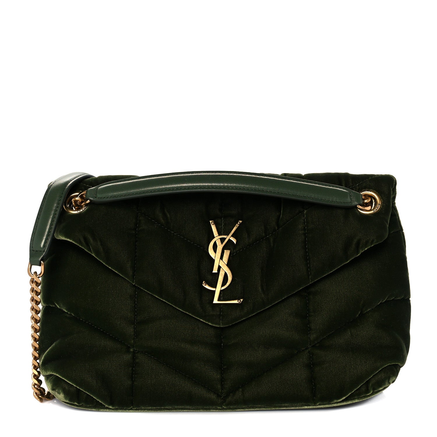 Saint Laurent Velvet Quilted Small Loulou Puffer Monogram Chain Satchel Kaki Musk 1 of 12