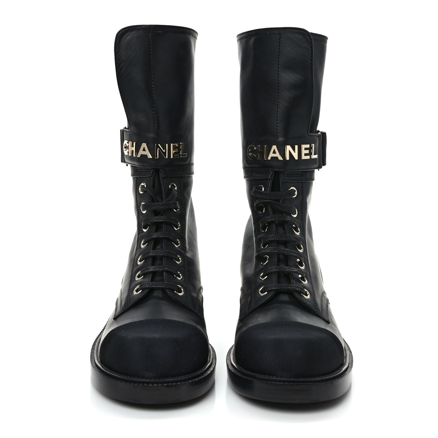 Chanel Shiny Calfskin Lace Up Combat Boots 38 Black 2 of 8