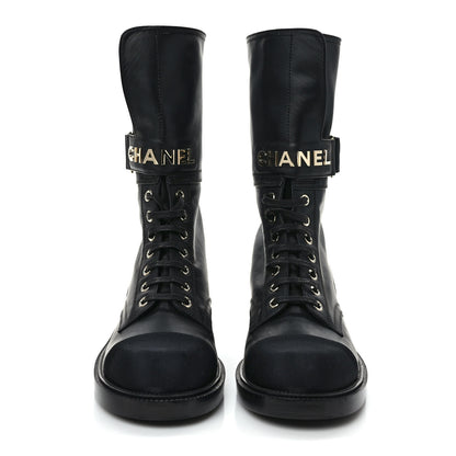 Chanel Shiny Calfskin Lace Up Combat Boots 38 Black 2 of 8