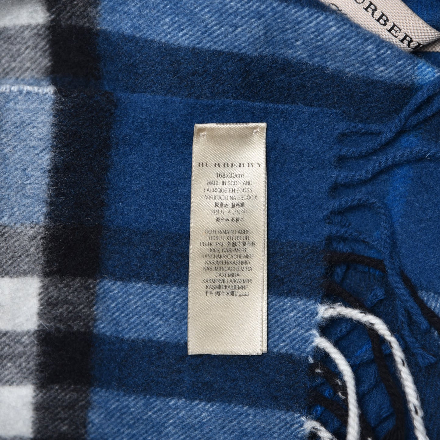 Cashmere Giant Check Fringe Scarf Cobalt Blue