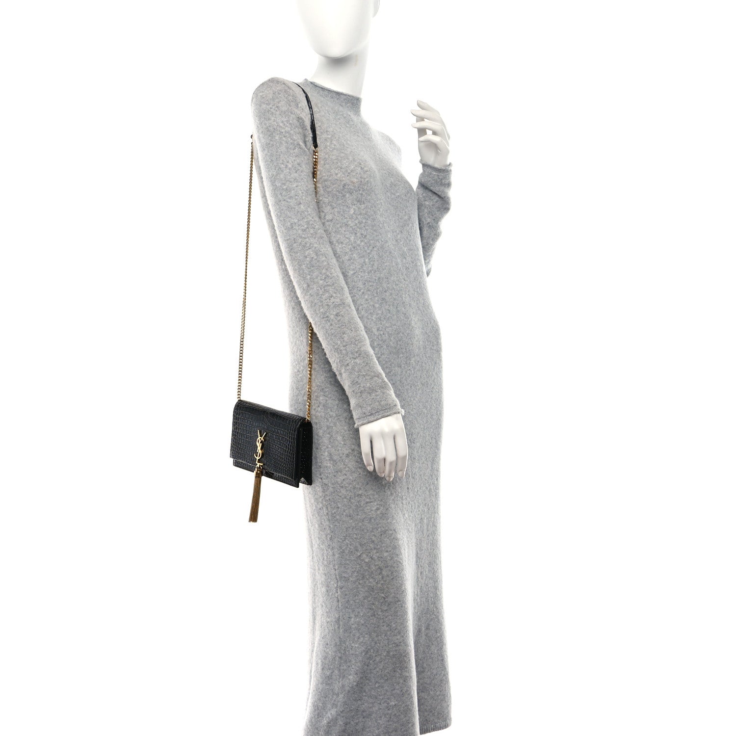 Saint Laurent Calfskin Crocodile Embossed Kate Monogram Tassel Chain Wallet Black 2 of 8