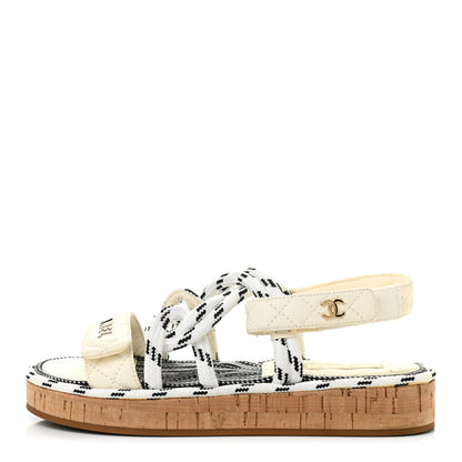 Chanel Cord Lambskin Quilted Logo Sandals 37 White Black 1 of 8