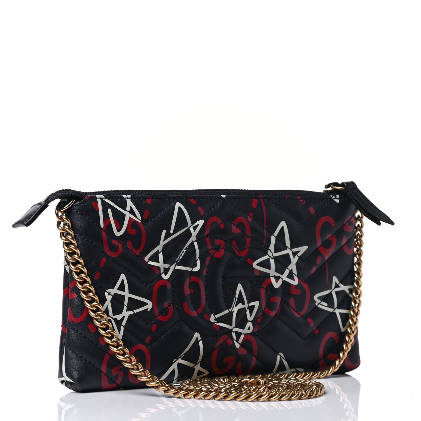 Calfskin Matelasse GucciGhost Mini GG Marmont Chain Bag Blue Agata Hibiscus Red
