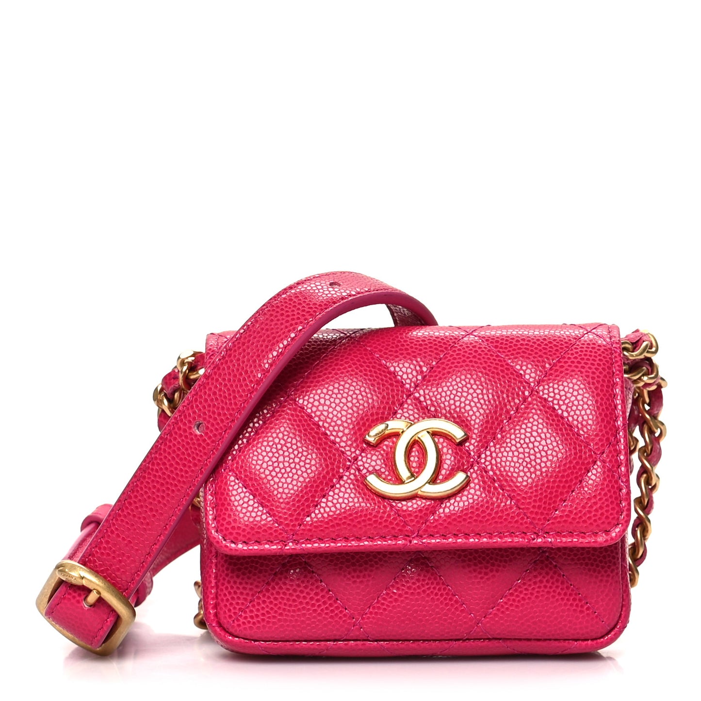Caviar Twist Your Buttons Quilted Flap Chain Belt Bag Dark Pink