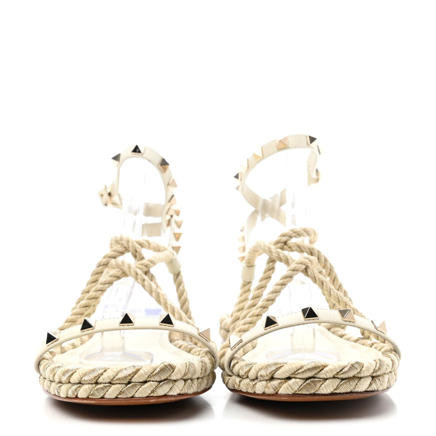 Calfskin Rockstud Torchon Rope Espadrille Flat Sandals 38 Light Ivory
