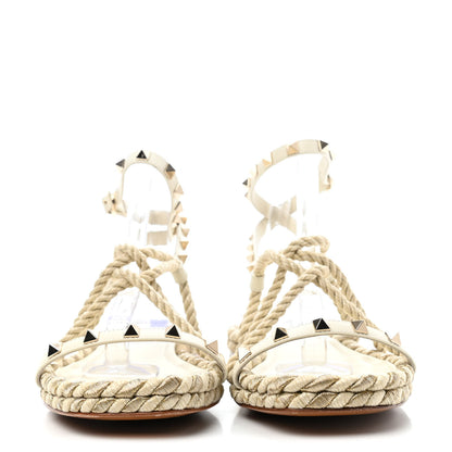 Valentino Garavani Calfskin Rockstud Torchon Rope Espadrille Flat Sandals 38 Light Ivory 2 of 4