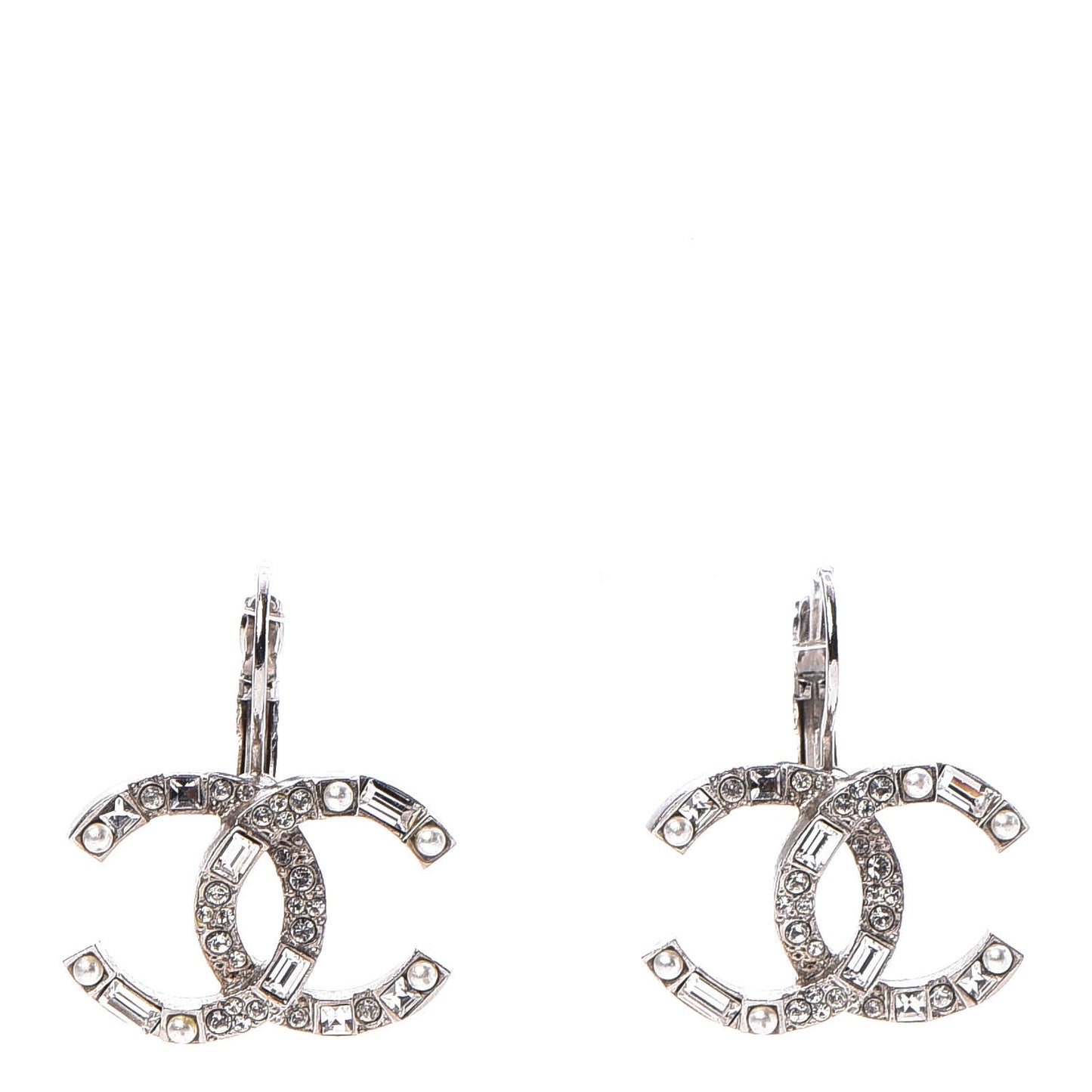 Baguette Crystal Pearl CC Drop Earrings Silver