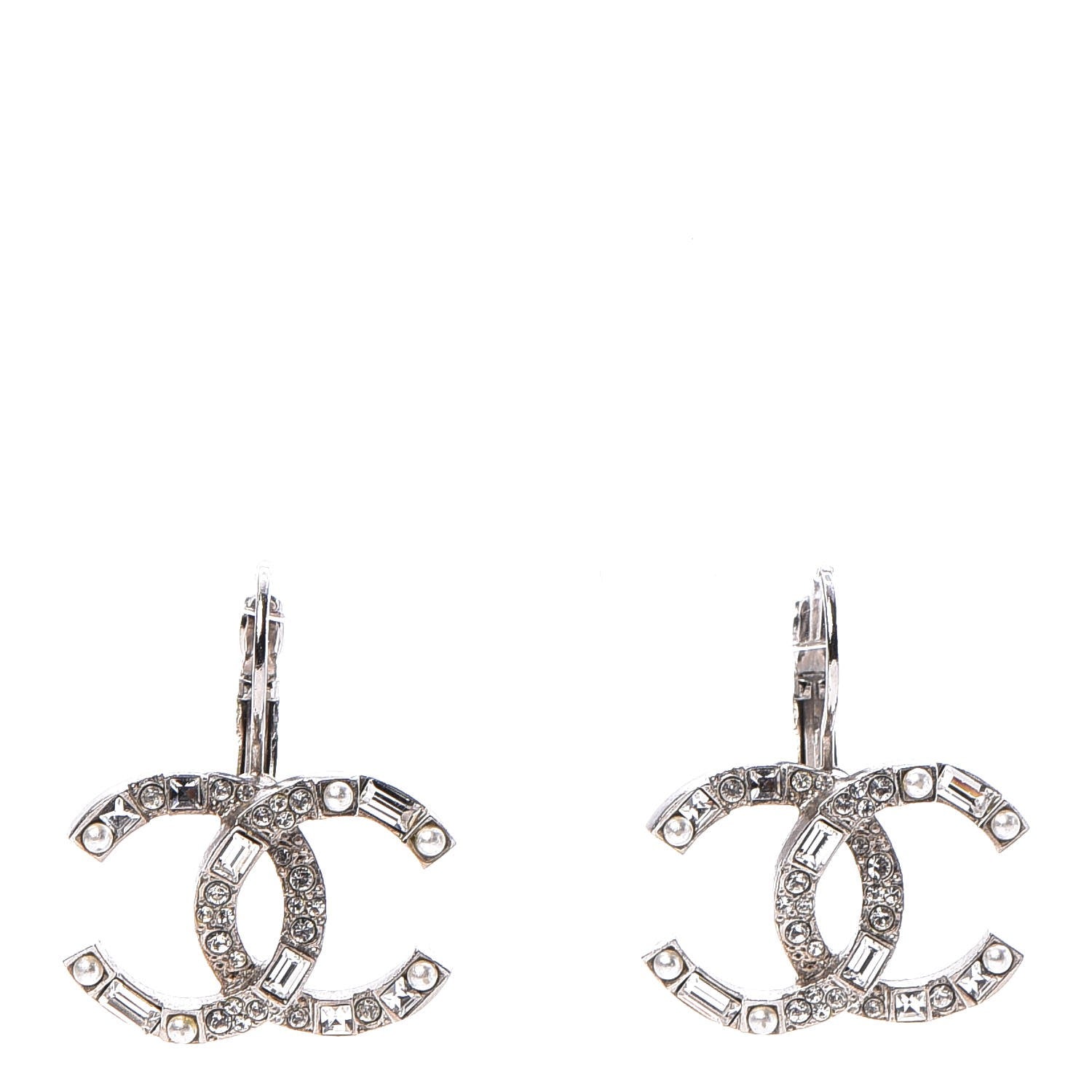 Chanel Baguette Crystal Pearl CC Drop Earrings Silver 1 of 5