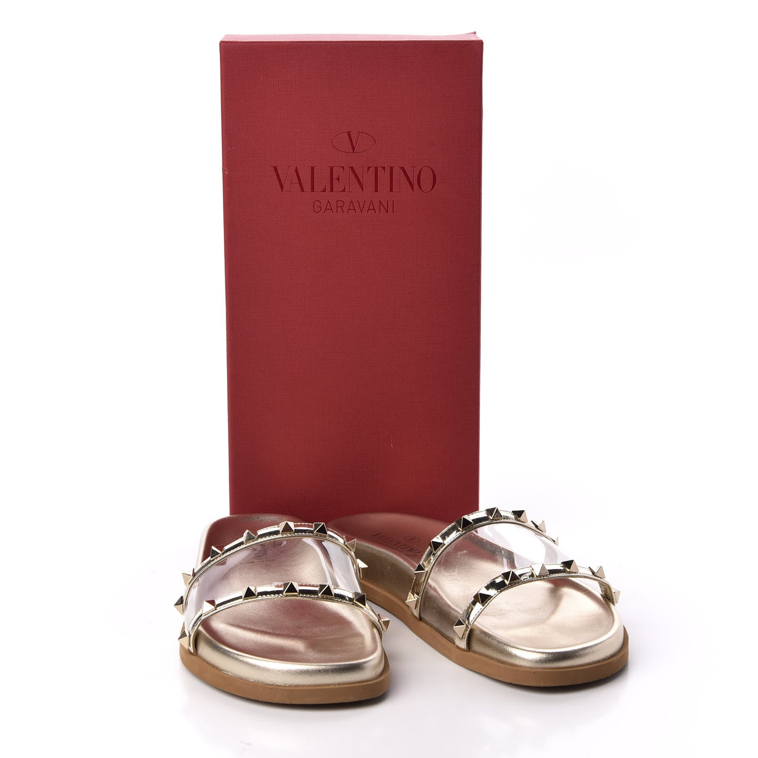 Valentino Garavani PVC Metallic Nappa Rockstud Moonwalk Flat Slide Sandals 37.5 Platino Transparent 10 of 10