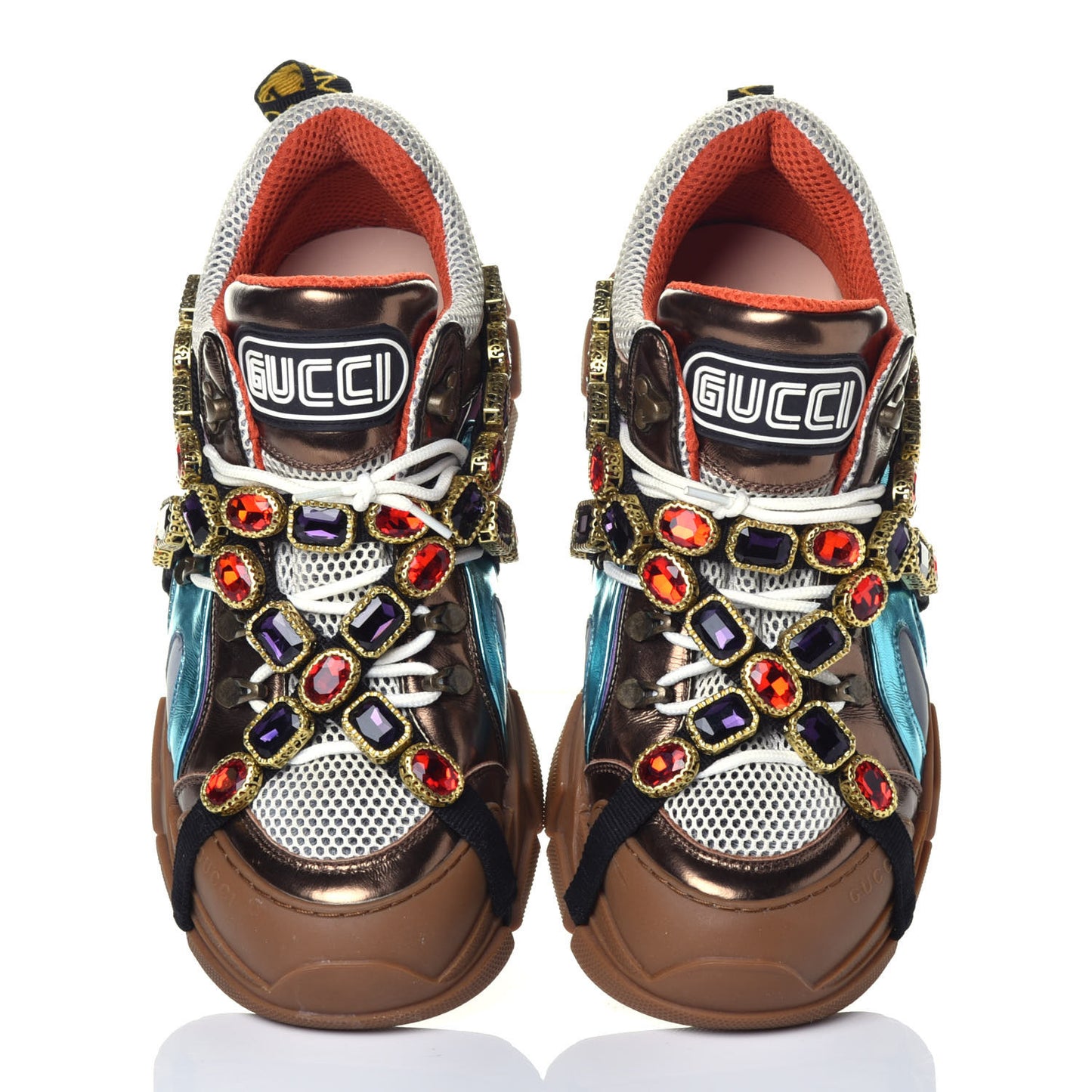 X SEGA Metallic Calfskin Mesh Removable Crystals Womens Flashtrek Sneakers 42 Rame Mystic White Lago