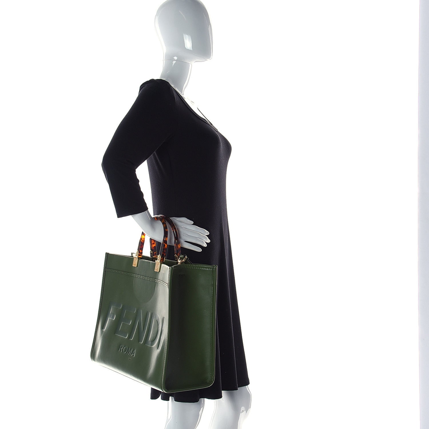Fendi Vitello King Plexiglass Logo Embossed Medium Fendi Sunshine Shopper Tote Avocado 3 of 20