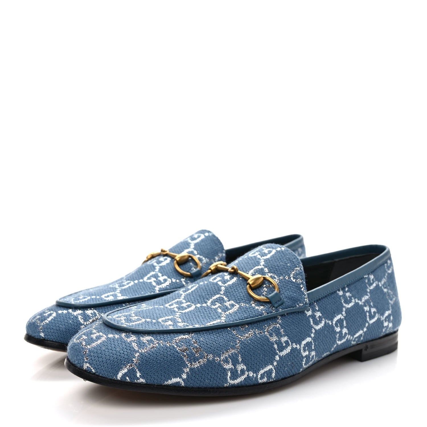Gucci Canvas Lame GG Monogram Horsebit Womens Jordaan Loafers 38 Blue Silver Cornflower Blue 3 of 8