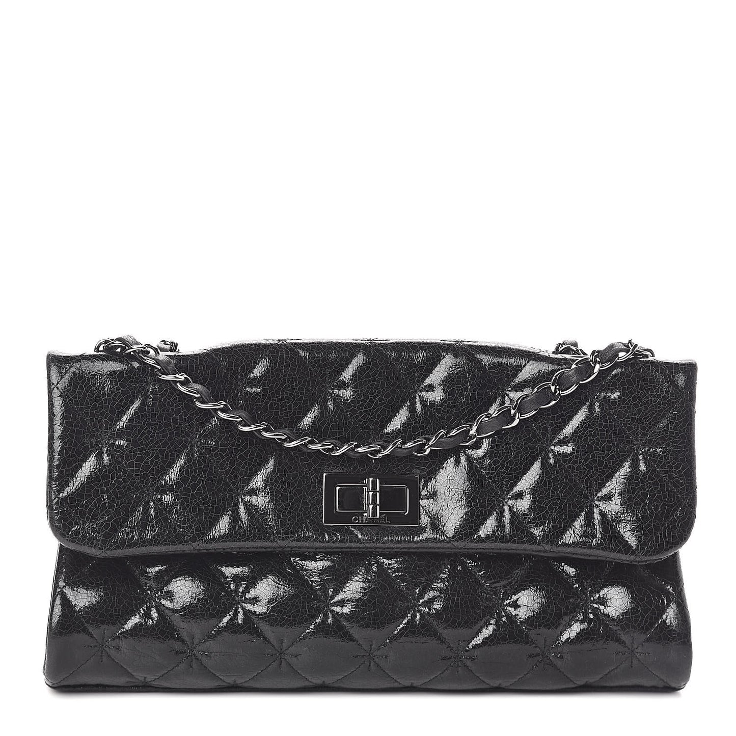 Glazed Crackled Calfskin Quilted Mademoiselle Flap Black