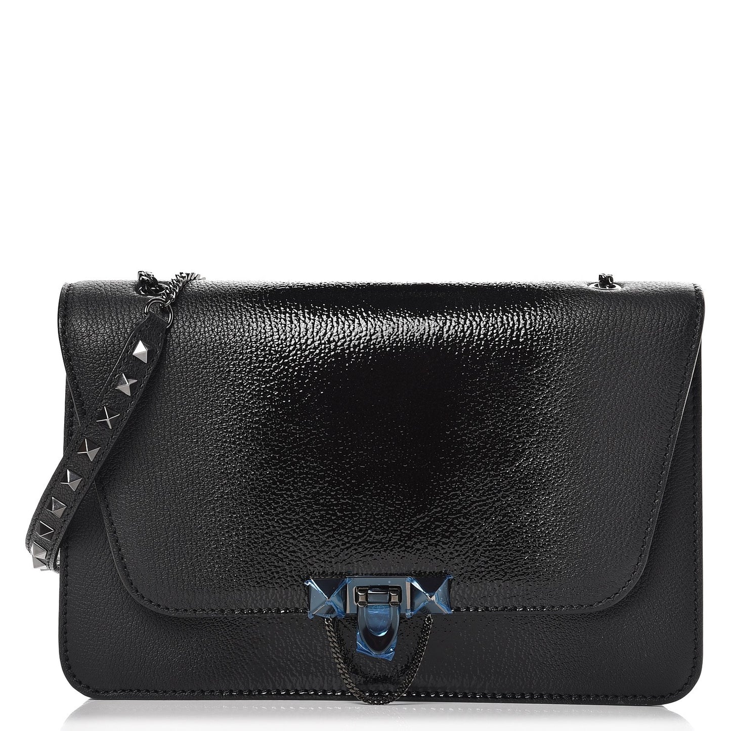 Patent Pebbled Calfskin Medium Rockstud Demilune Shoulder Bag Black