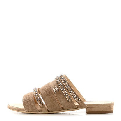 Chanel Suede Chain Mule Sandals 36.5 Beige 1 of 9