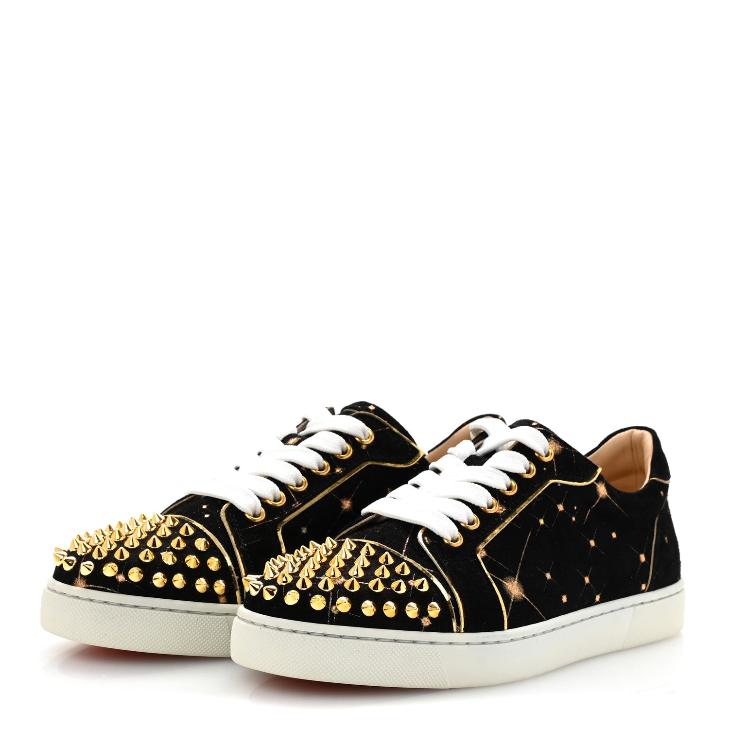 Christian Louboutin Veau Velours Calfskin Spikes Womens Vieira Flat Sneakers 36.5 Black Gold 4 of 9