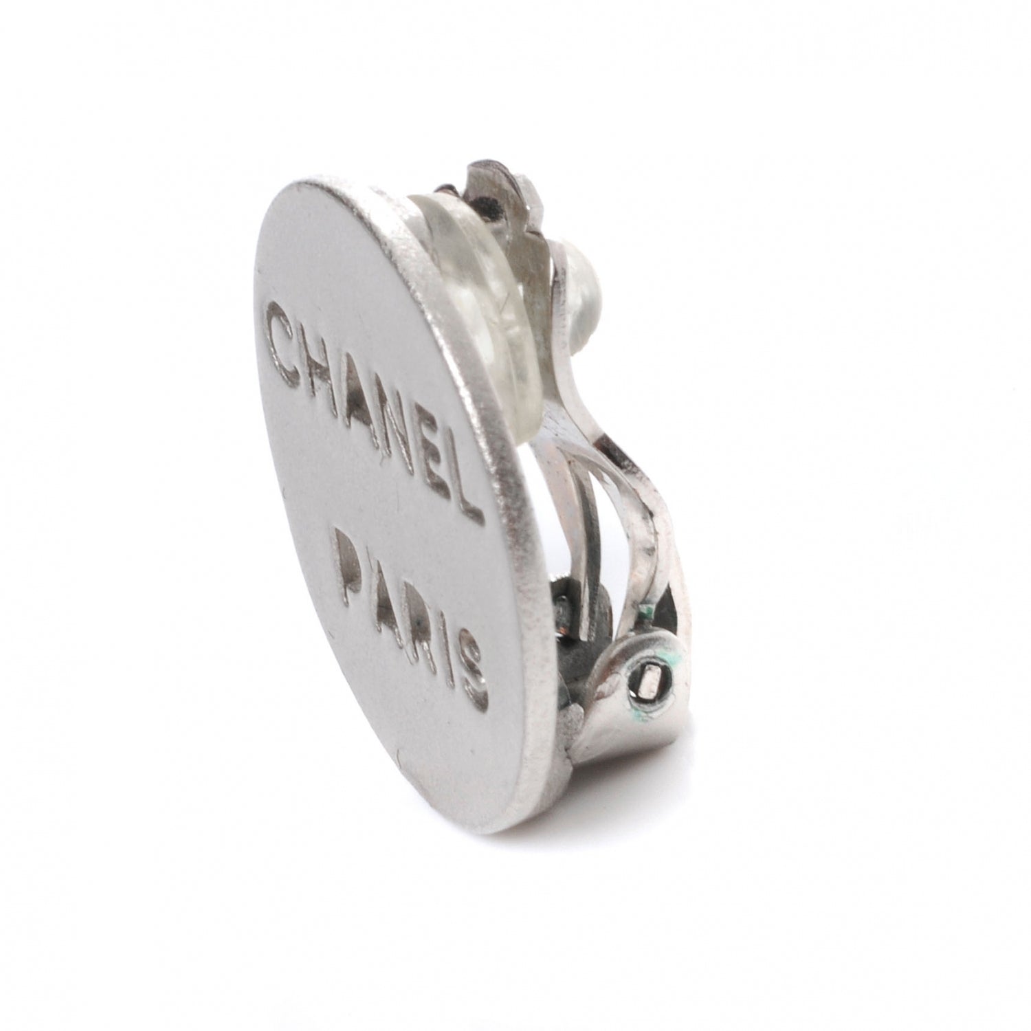 Chanel PARIS Clip On Earrings Matte Silver 3 of 4