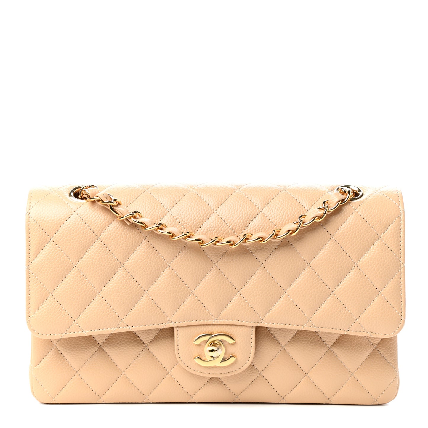 Caviar Quilted Medium Double Flap Beige