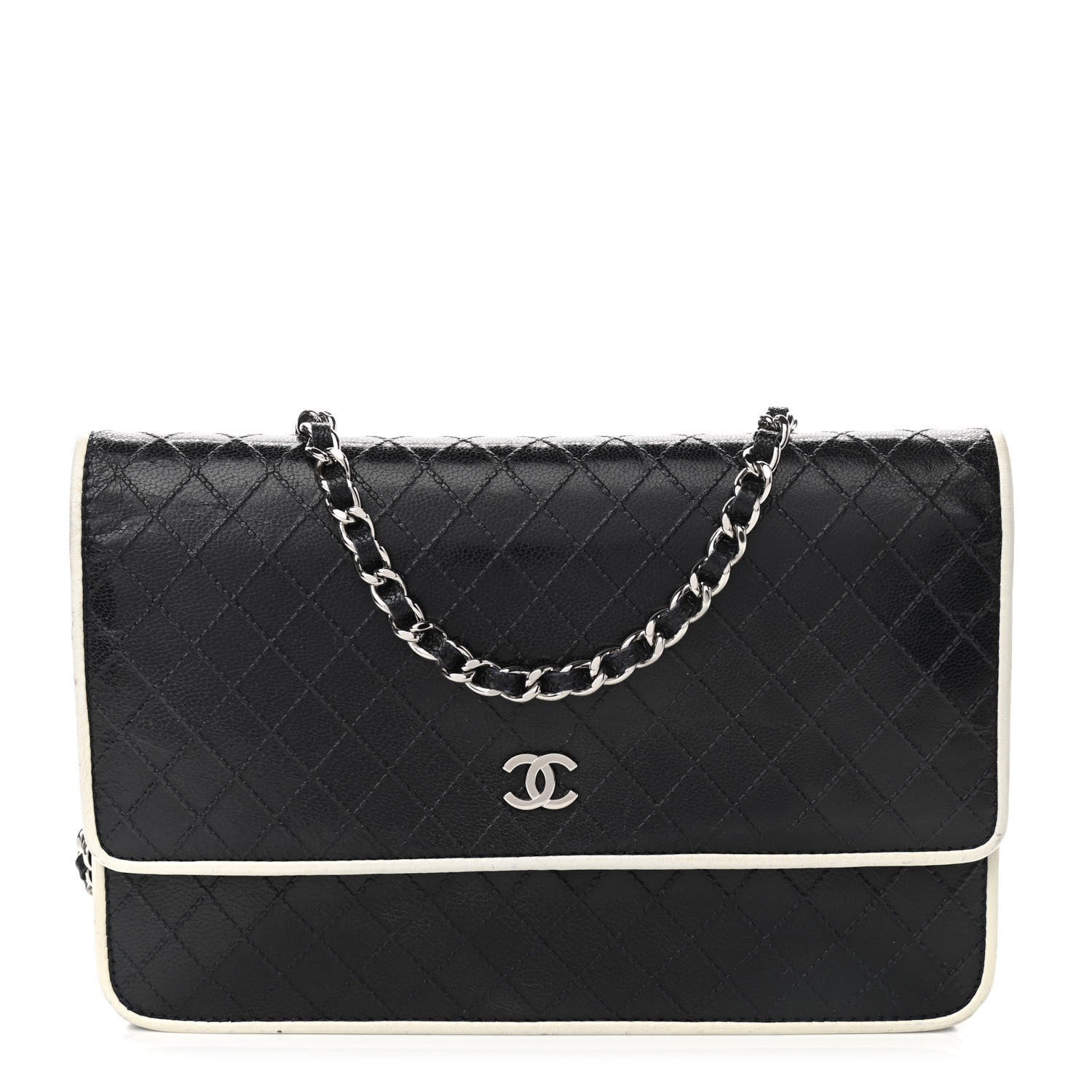 Chanel Grained Calfskin Diamond Stitched Wallet On Chain WOC Dark Navy White 1 of 14